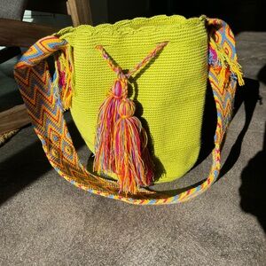Vibrant Yellow Handwoven Bag with Multicolor Strap
